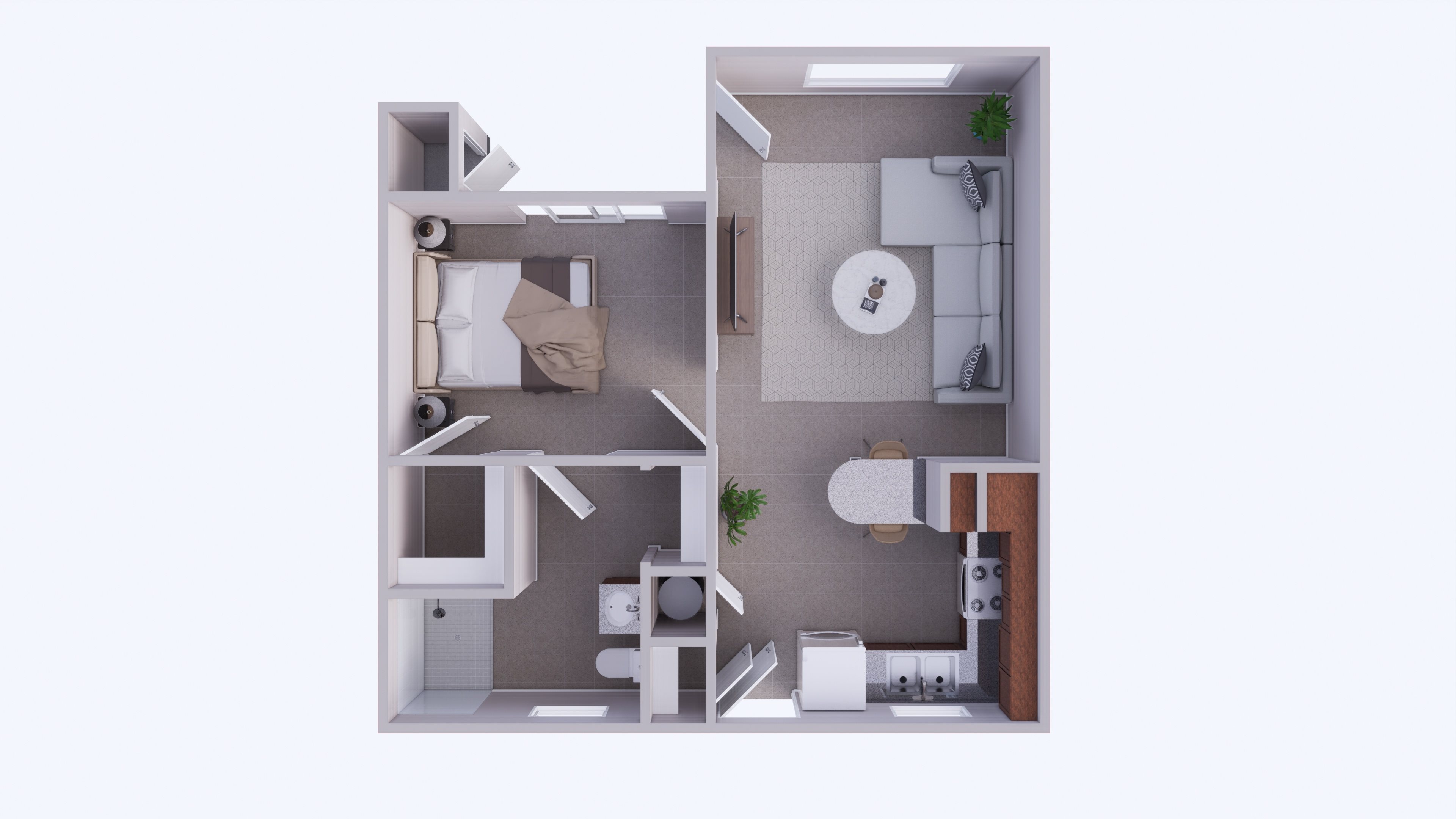A 3D floor plan of a small apartment with a kitchen, living room, and bathroom.